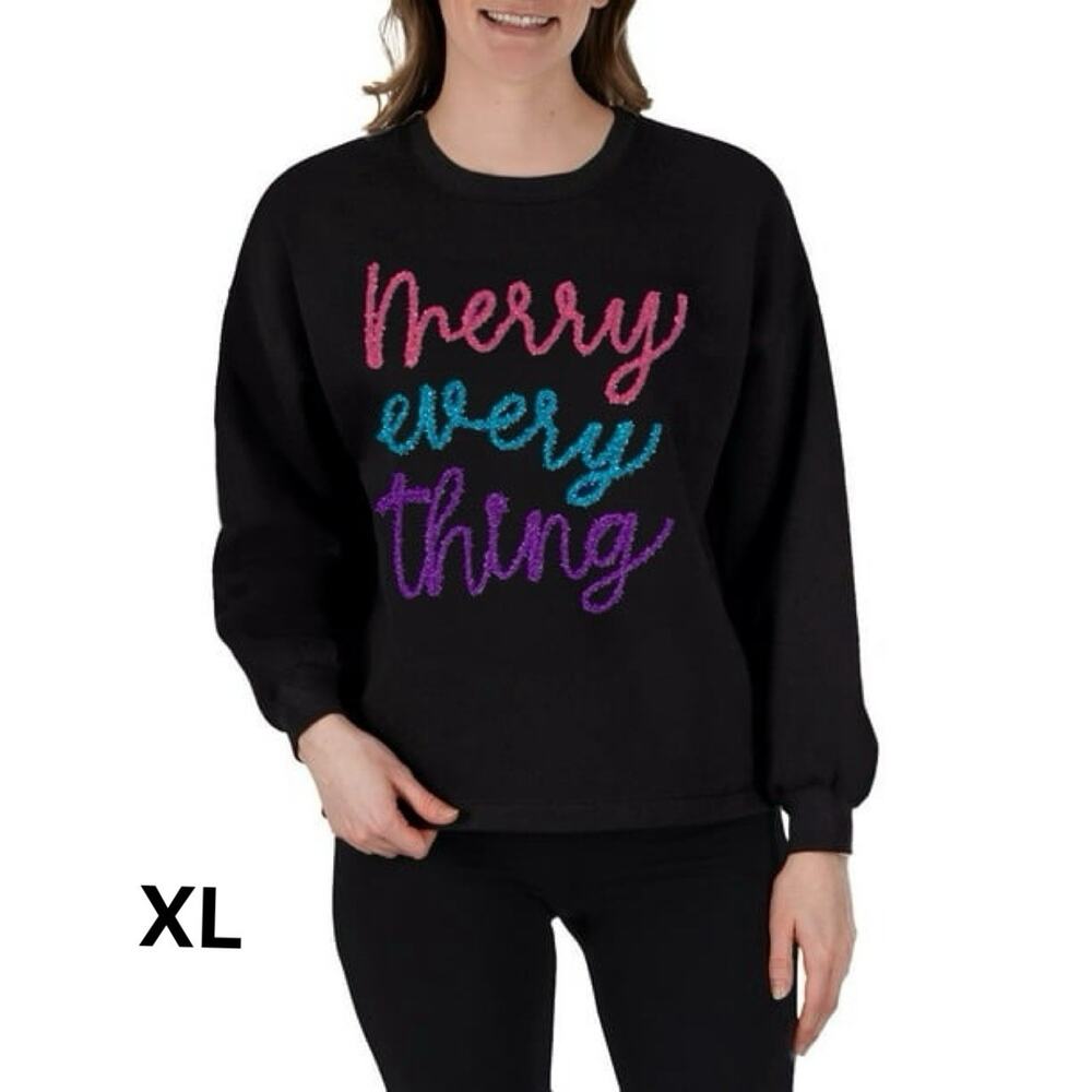 STATE OF MINE‎ “Merry Everything” Black Holiday Sweatshirt Festive Sparkle XL